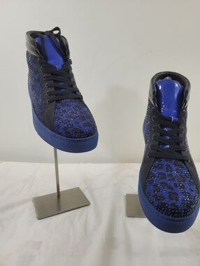 New Luxury Diamond Rhinestones Men's Sneakers Blue Cheetah Print $225